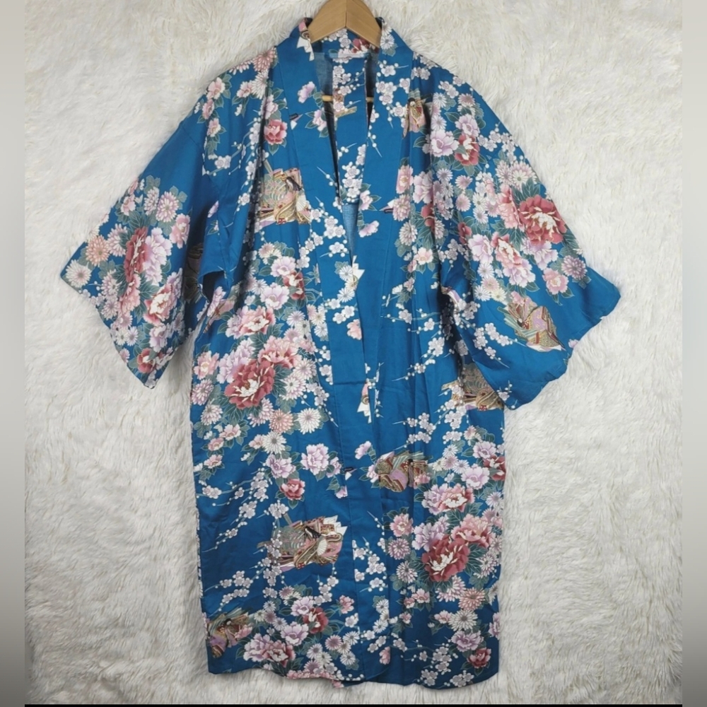 NWOT Sakurai‎ Shoji Blue Floral Japanese Cotton Kimono Cherry Blossom Feminine